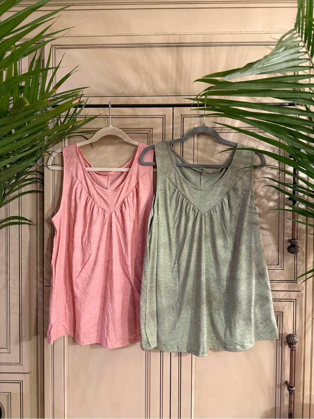 New Bundle 2 Sleeveless V-Neck Gathered Loose Fit Tank Top Shirts Pink Green 2XL